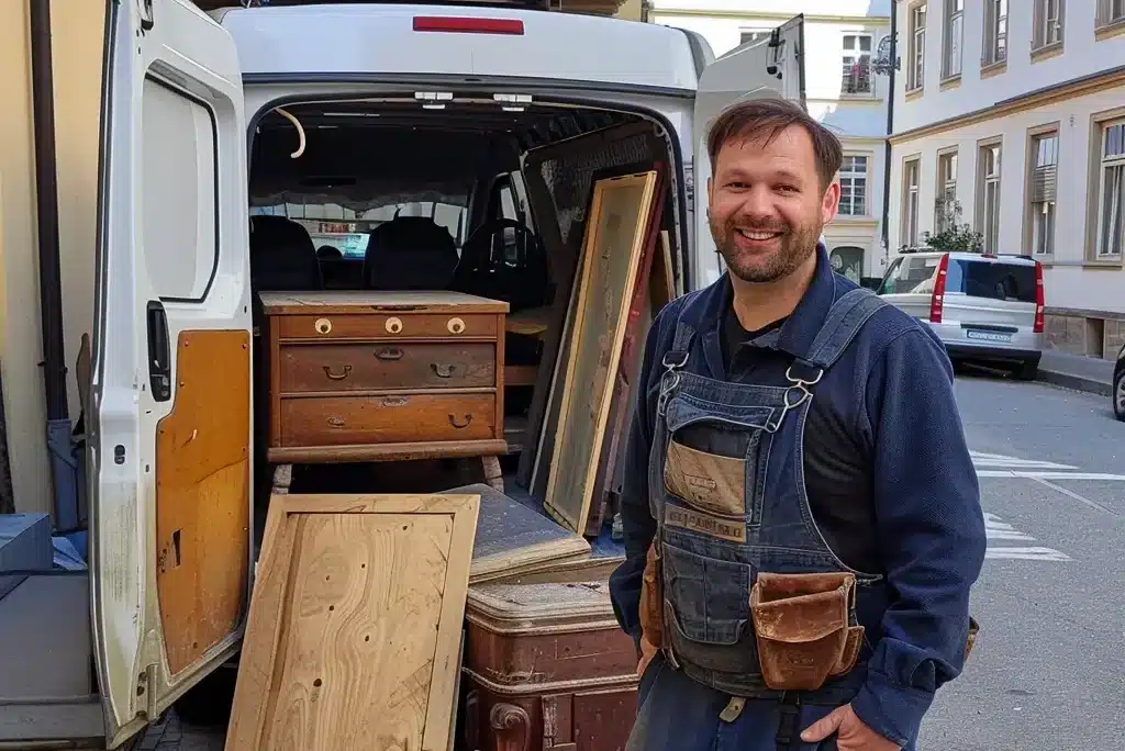 Entrümpelungshelfer räumt bei einer Entrümpelung in Heidelberg Möbel und Hausrat in einen Transporter.