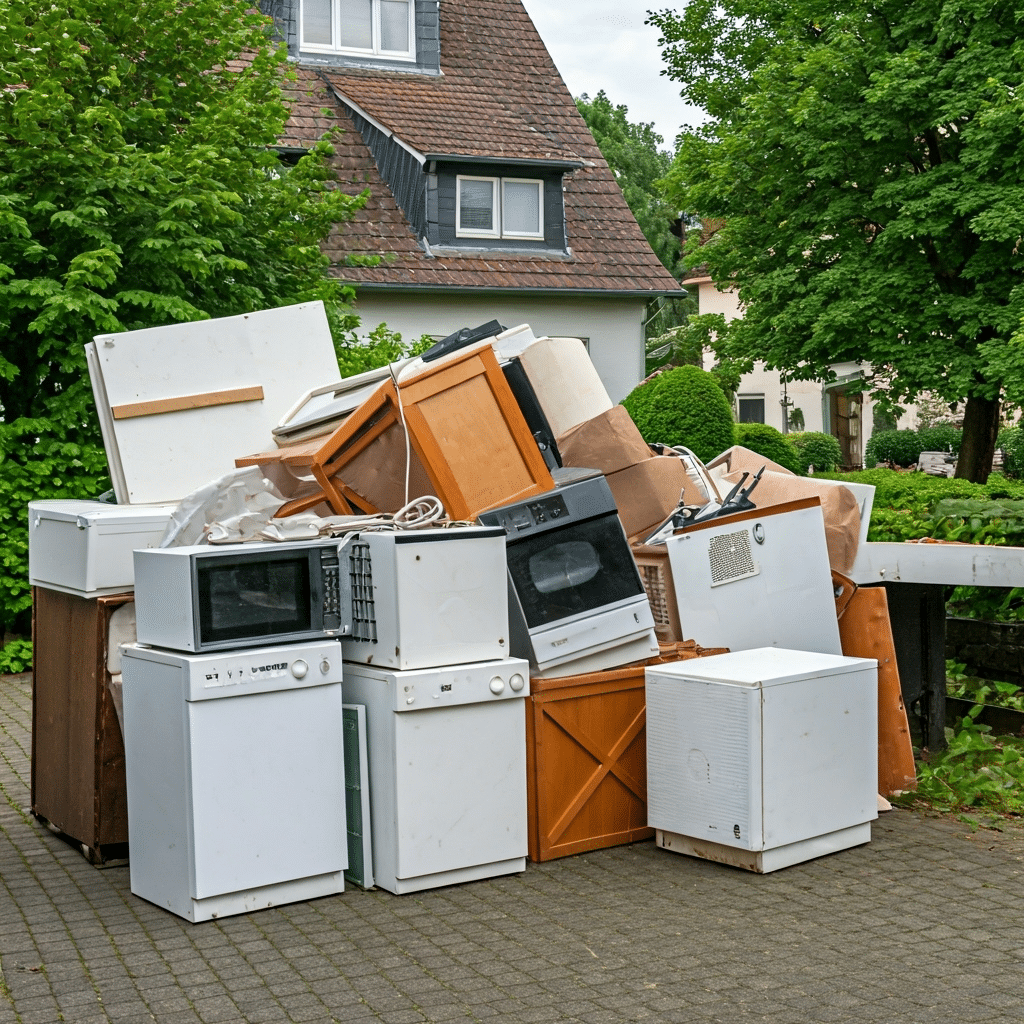 Das Bild zeigt einen Haufen Sperrmüll bestehend aus Möbeln und Elektrogroßgeräten vor einem Haus.
